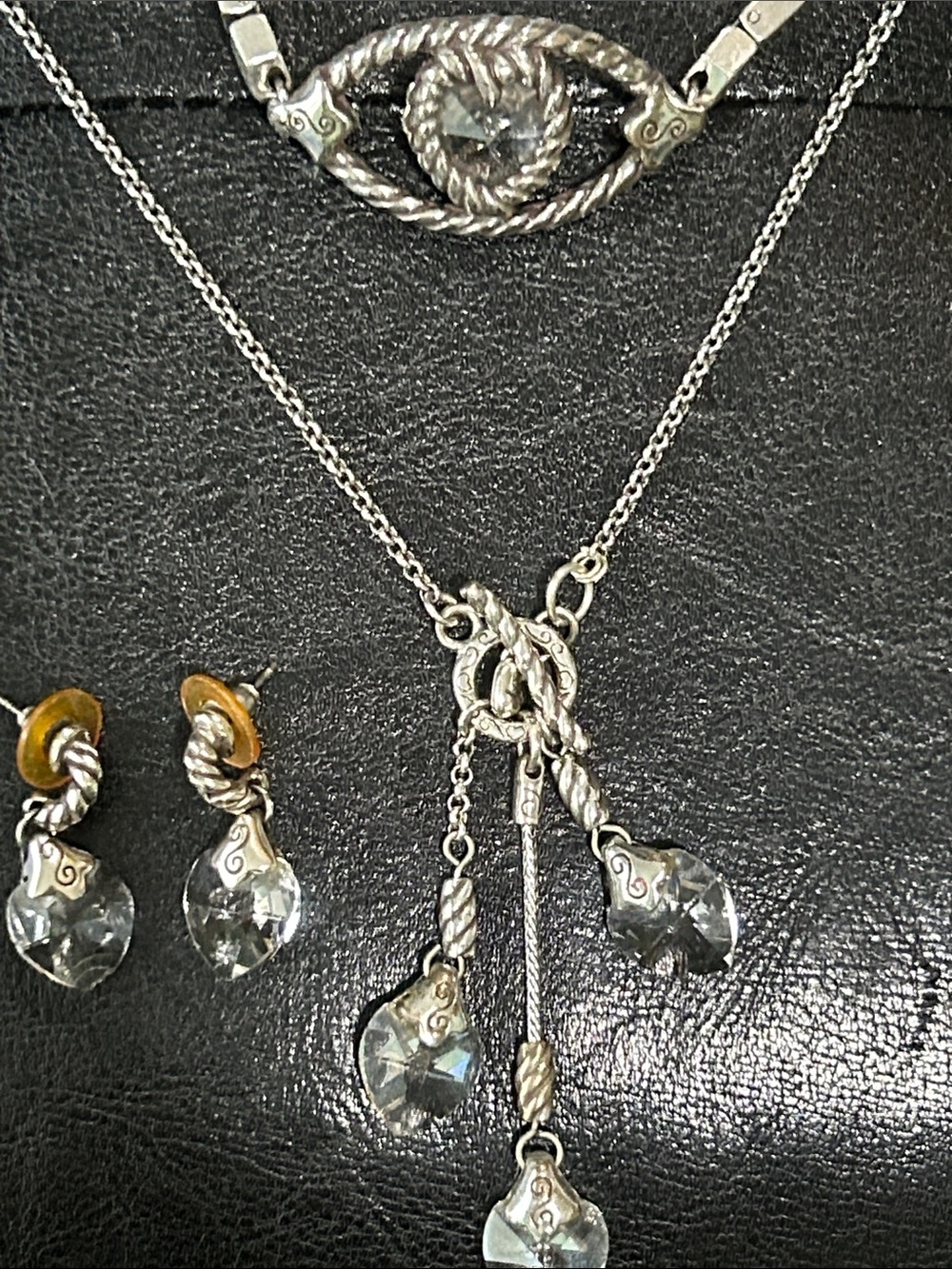 Brighton Silver-Tone Clear Crystal Heart Lariat Necklace bracelet and earrings